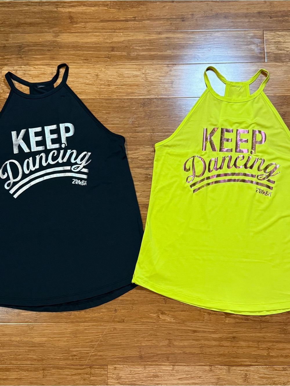 Zumba Fitness Keep Dancing Tank Tops Black and Neon Yellow Green set of 2- Small